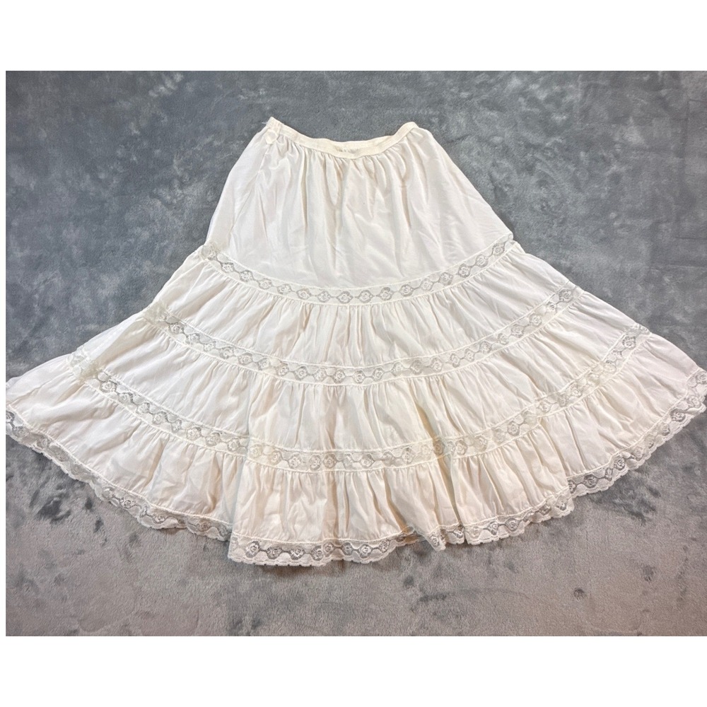 Vintage Ivory Tiered Lace Trim Prairie Midi Skirt Medium White Cottagecore Slip